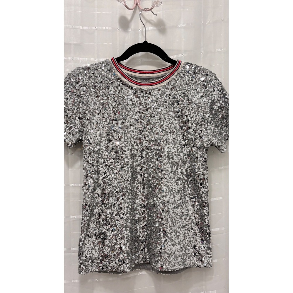 1901‎ Silver Sequin Short Sleeve Top Girls Size L 10/12 Striped Neckline